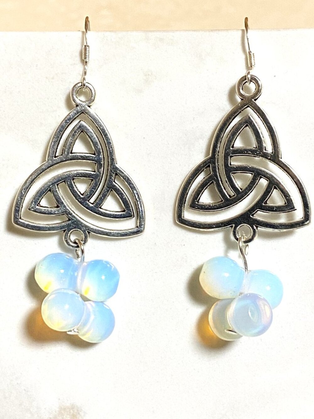2/$20, Flashy Opalite Triqueta Dangle Earrings w/ Sterling Silver Hooks